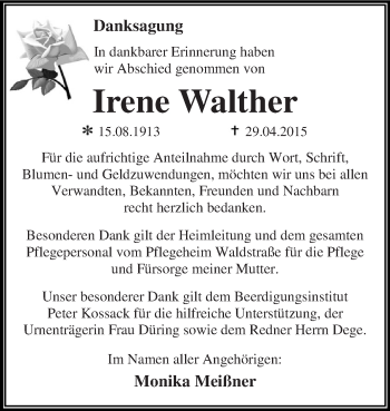 Traueranzeige von Irene Walther von WVG - Wochenspiegel Dessau / Köthen
