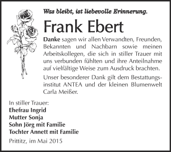 Traueranzeige von Frank Ebert von WVG - Wochenspiegel NMB / WSF / ZTZ