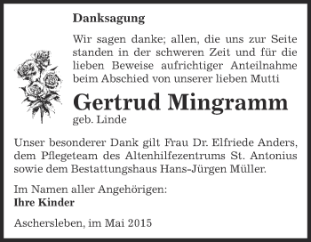 Traueranzeige von Gertrud Mingramm von Super Sonntag Aschersleben