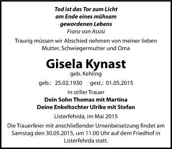 Traueranzeige von Gisela Kynast von Mitteldeutsche Zeitung Wittenberg
