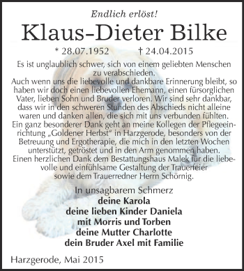 Traueranzeige von Klaus-Dieter Bilke von Super Sonntag Quedlinburg