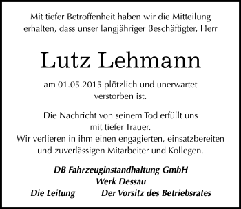 Traueranzeige von Lutz Lehmann von Mitteldeutsche Zeitung Dessau-Roßlau