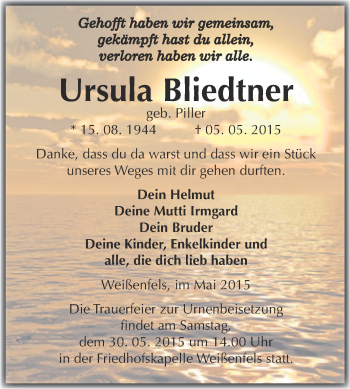 Traueranzeige von Ursula Bliedtner von WVG - Wochenspiegel NMB / WSF / ZTZ
