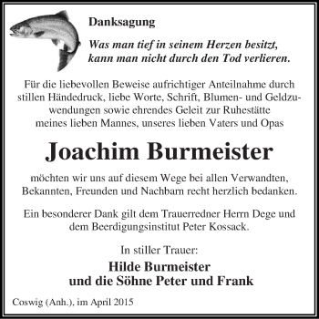 Traueranzeige von Joachim Burmeister von Super Sonntag Dessau / Köthen