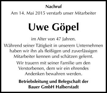 Traueranzeige von Uwe Göpel von Mitteldeutsche Zeitung Quedlinburg