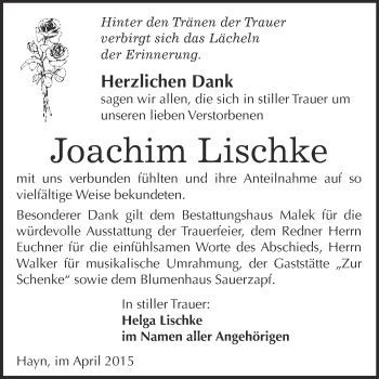 Traueranzeige von Joachim Lischke von WVG - Wochenspiegel Quedlinburg