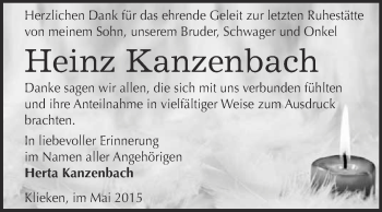 Traueranzeige von Heinz Kanzenbach von Super Sonntag Wittenberg
