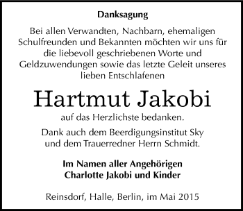 Traueranzeige von Hartmut Jakobi von Mitteldeutsche Zeitung Wittenberg