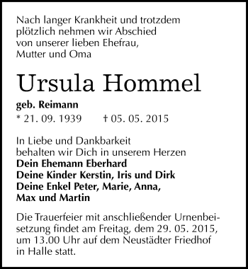 Traueranzeige von Ursula Hommel von Mitteldeutsche Zeitung Halle/Saalkreis