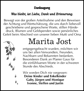 Traueranzeige von Marita Jost von Mitteldeutsche Zeitung Bitterfeld