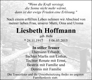 Traueranzeige von Liesbeth Hoffmann von Mitteldeutsche Zeitung Dessau-Roßlau