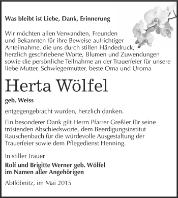 Traueranzeige von Herta Wölfel von WVG - Wochenspiegel NMB / WSF / ZTZ