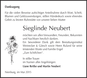 Traueranzeige von Sieglinde Neubert von Super Sonntag Bernburg