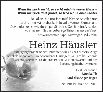 Traueranzeige von Heinz Häusler von WVG - Wochenspiegel NMB / WSF / ZTZ