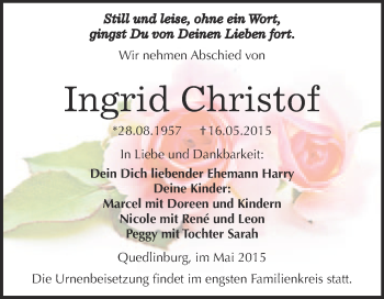 Traueranzeige von Ingrid Christof von WVG - Wochenspiegel Quedlinburg