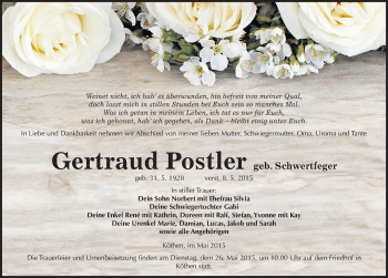 Traueranzeige von Gertraud Postler von Mitteldeutsche Zeitung Köthen
