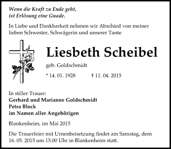 Traueranzeige von Liesbeth Scheibel von Mitteldeutsche Zeitung Sangerhausen