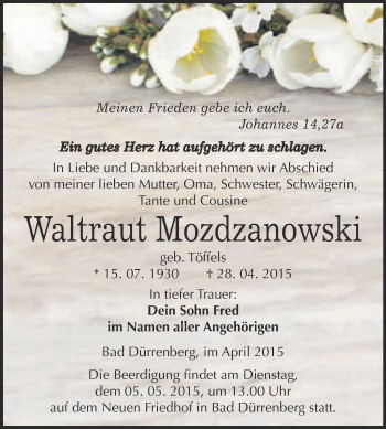 Traueranzeige von Waltraut Mozdzanowski von Super Sonntag Merseburg
