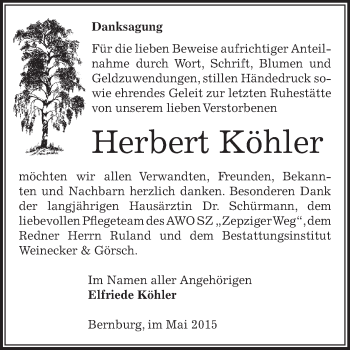 Traueranzeige von Herbert Köhler von Super Sonntag Bernburg