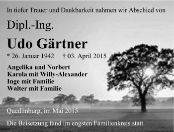 Traueranzeige von Udo Gärtner von Mitteldeutsche Zeitung Quedlinburg