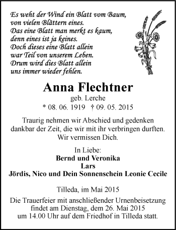 Traueranzeige von Anna Flechtner von Mitteldeutsche Zeitung Sangerhausen