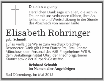 Traueranzeige von Elisabeth Rohringer von Super Sonntag Merseburg