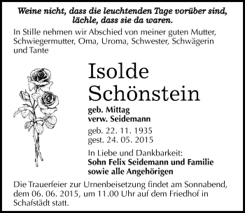 Traueranzeige von Isolde Schönstein von Mitteldeutsche Zeitung Merseburg/Querfurt