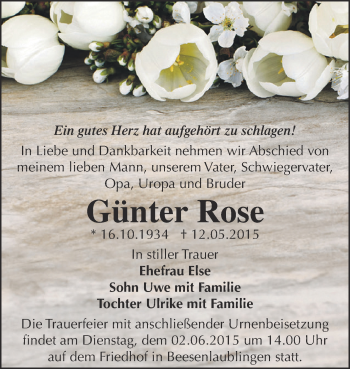 Traueranzeige von Günter Rose von Super Sonntag Bernburg