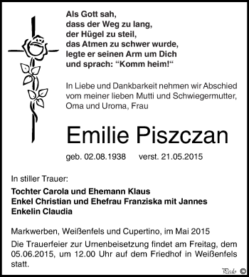 Traueranzeige von Emilie Piszczan von WVG - Wochenspiegel NMB / WSF / ZTZ