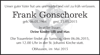 Traueranzeige von Frank Gonschorek von WVG - Wochenspiegel Merseburg