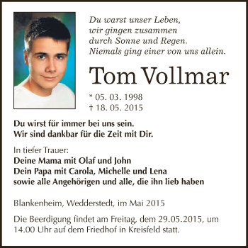 Traueranzeige von Tom Vollmar von Super Sonntag SGH Mansf. Land