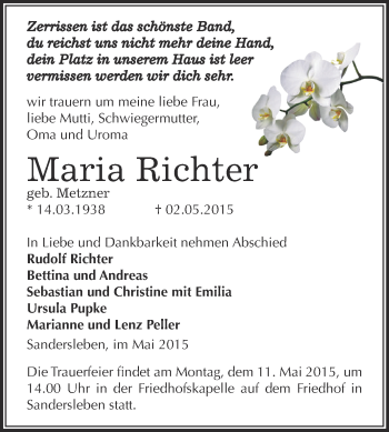 Traueranzeige von Maria Richter von WVG - Wochenspiegel Aschersleben