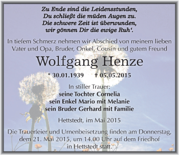 Traueranzeige von Wolfgang Henze von Mitteldeutsche Zeitung Mansfelder Land