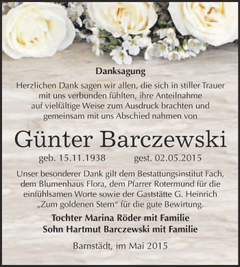 Traueranzeige von Günter Barczewski von WVG - Wochenspiegel Merseburg