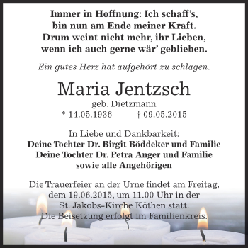 Traueranzeige von Maria Jentzsch von WVG - Wochenspiegel Dessau / Köthen
