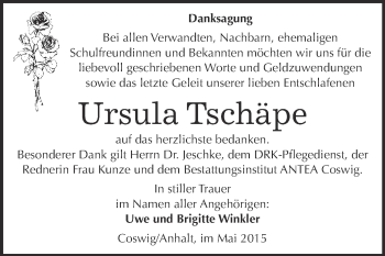 Traueranzeige von Ursula Tschäpe von Super Sonntag Wittenberg