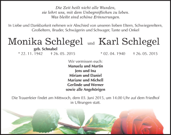 Traueranzeige von Monika und Karl Schlegel von Mitteldeutsche Zeitung Sangerhausen