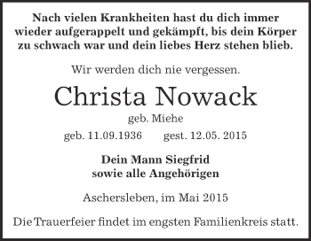 Traueranzeige von Christa Nowack von Super Sonntag Aschersleben