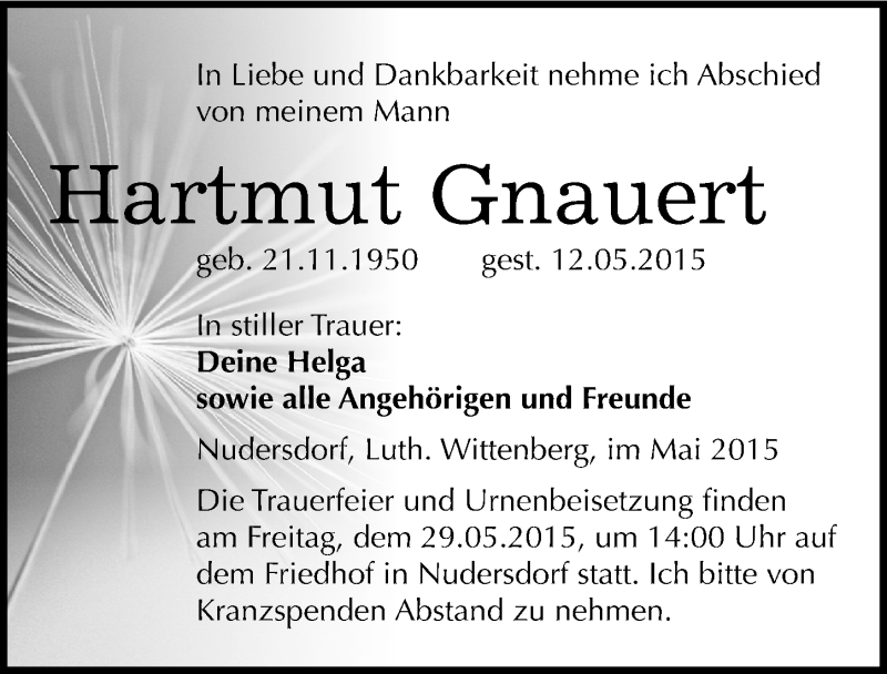  Traueranzeige für Hartmut Gnauert vom 23.05.2015 aus Mitteldeutsche Zeitung Wittenberg