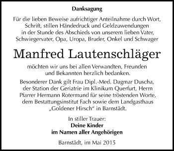 Traueranzeige von Manfred Lautenschläger von Mitteldeutsche Zeitung Merseburg/Querfurt