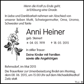 Traueranzeige von Anni Heiner von Super Sonntag Zeitz