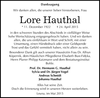 Traueranzeige von Lore Hauthal von Mitteldeutsche Zeitung Merseburg/Querfurt