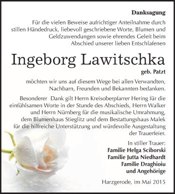 Traueranzeige von Ingeborg Lawitschka von WVG - Wochenspiegel Quedlinburg