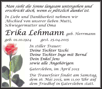 Traueranzeige von Erika Lehmann von Mitteldeutsche Zeitung Aschersleben