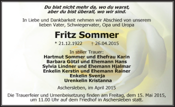 Traueranzeige von Fritz Sommer von Mitteldeutsche Zeitung