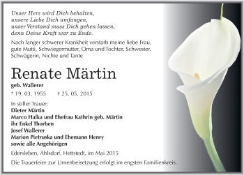 Traueranzeige von Renate Märtin von Mitteldeutsche Zeitung Mansfelder Land