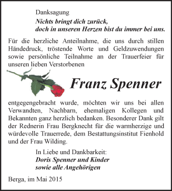 Traueranzeige von Franz Spenner von Super Sonntag SGH Mansf. Land