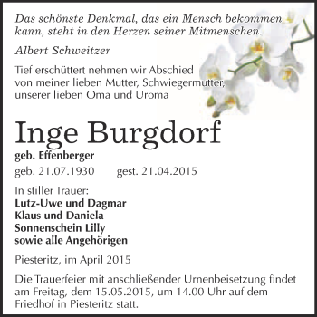Traueranzeige von Inge Burgdorf von WVG - Wochenspiegel Wittenberg