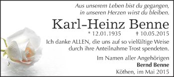 Traueranzeige von Karl-Heinz Benne von WVG - Wochenspiegel Dessau / Köthen