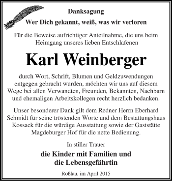 Traueranzeige von Karl Weinberger von WVG - Wochenspiegel Dessau / Köthen